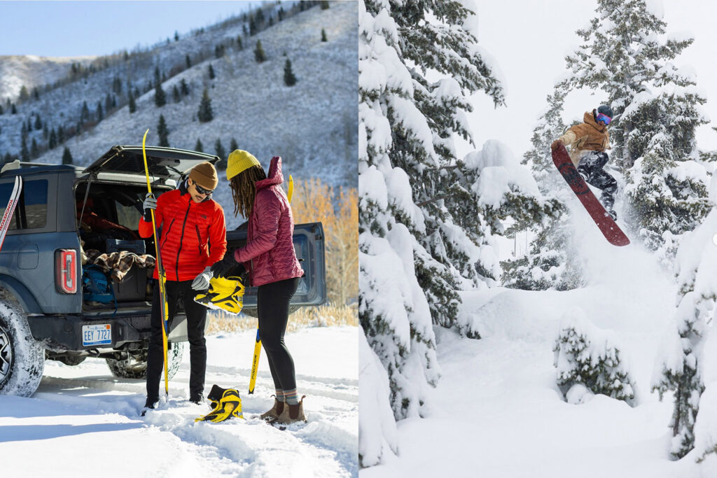 Split image: On the left, two people dressed in winter gear unload ski equipment from a car in a snowy landscape. On the right, a snowboarder jumps off a snowy ledge among pine trees.