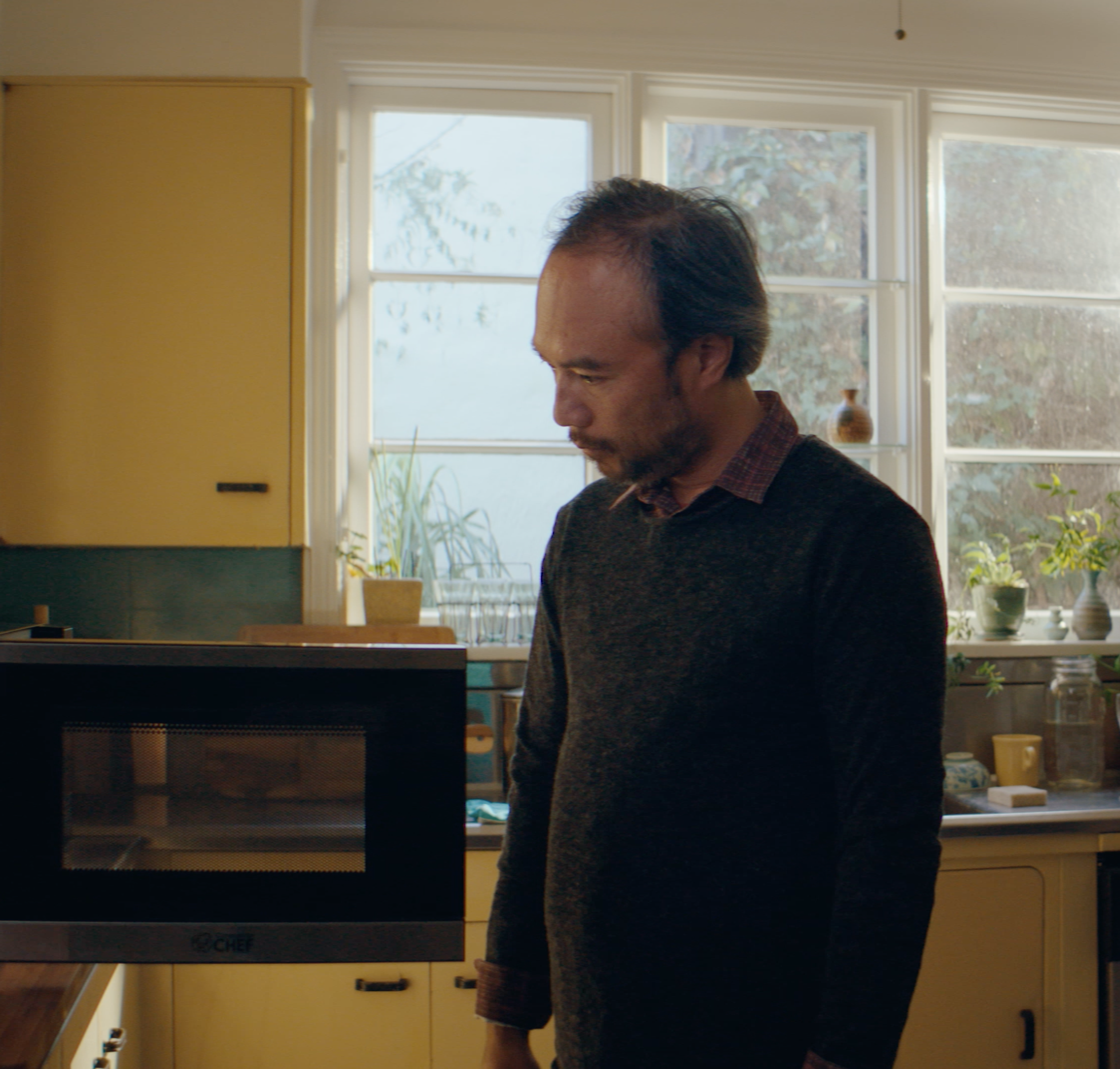 A man with short hair and a beard stands in a yellow kitchen, looking at a microwave. There are plants on the windowsill and sunlight streaming through the window behind him.
